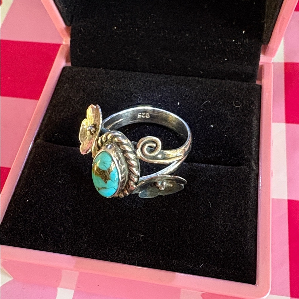 Sterling Silver and Bronzed Turquoise Stone Flower Ring sz 7 - Picture 3 of 5